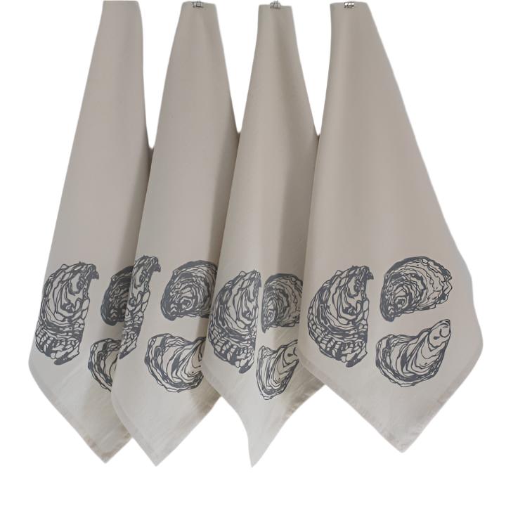 Oyster Hand Screen-Printed 100% Organic Cotton Tea Towels & Napkins