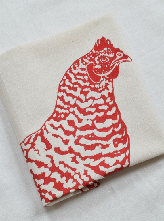 Chicken Hand Screen-Printed 100% Organic Cotton Tea Towels - Red Hen Print