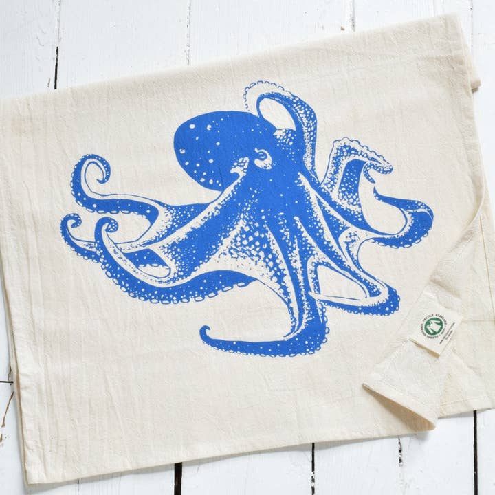 Octopus Hand Screen-Printed 100% Organic Cotton Tea Towels