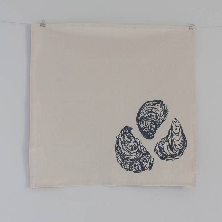 Oyster Hand Screen-Printed 100% Organic Cotton Tea Towels & Napkins