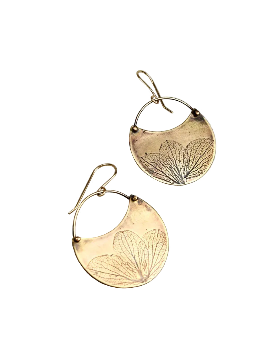 Pressed Hydrangea Crescent Earring - Brass Small