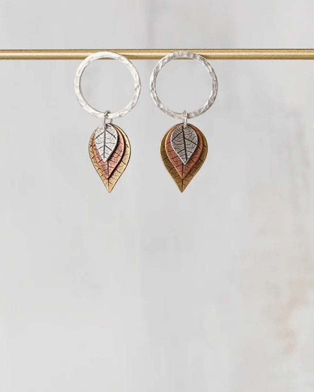 Graduated Leaf Dangle Earrings  - Sterling Silver, Brass, copper, Copper
