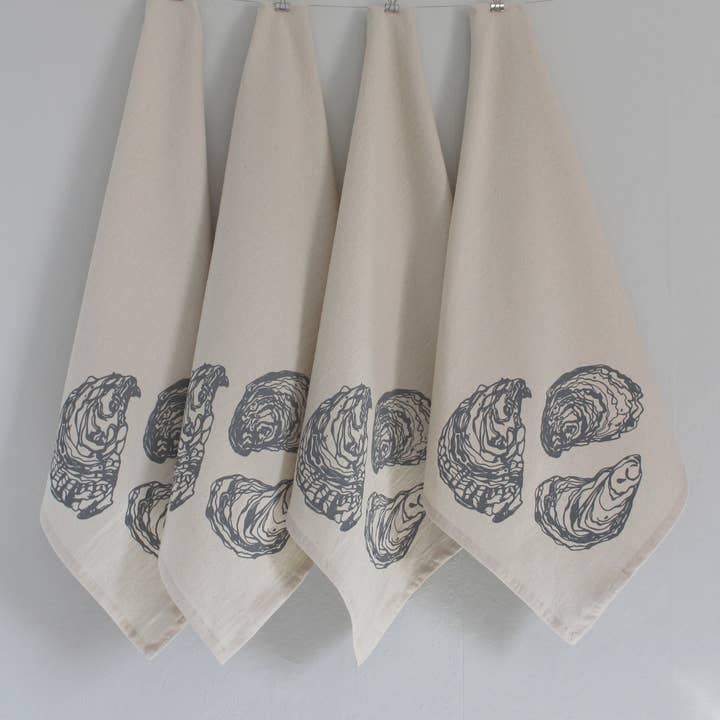 Oyster Hand Screen-Printed 100% Organic Cotton Tea Towels & Napkins