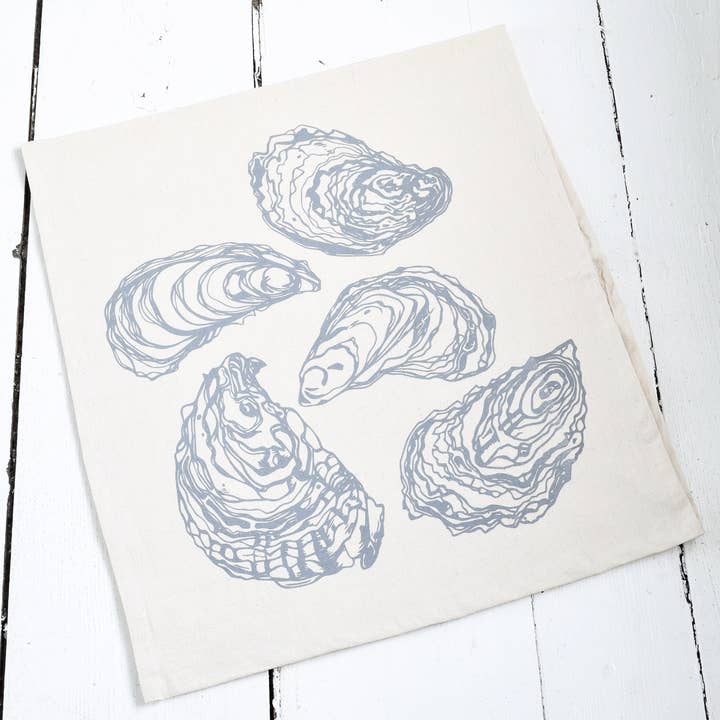 Oyster Hand Screen-Printed 100% Organic Cotton Tea Towels & Napkins