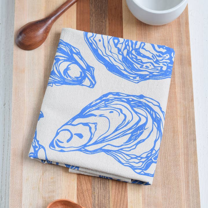 Oyster Hand Screen-Printed 100% Organic Cotton Tea Towels & Napkins