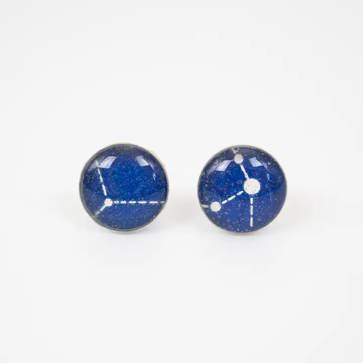 Moon and Stars, Night Sky, Lunar Circular Silver Earrings Studs