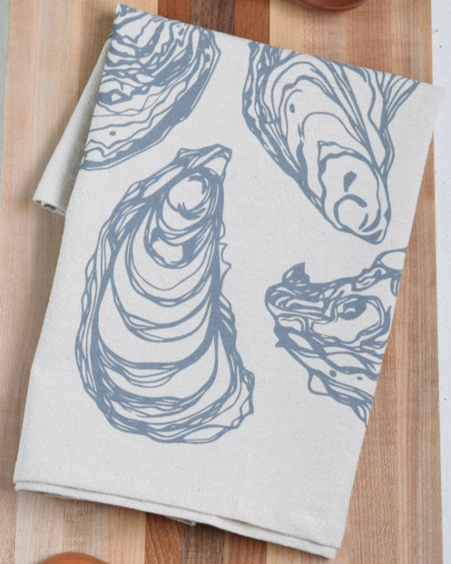 Oyster Hand Screen-Printed 100% Organic Cotton Tea Towels & Napkins