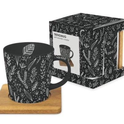 Mug in Gift Box with Coaster - Pure Leaflets, Black