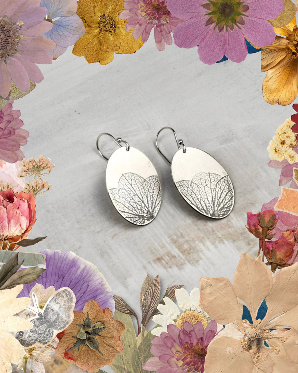 Pressed Hydrangea Ovals - Sterling Silver