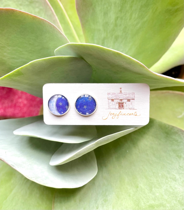 Moon and Stars, Night Sky, Lunar Circular Silver Earrings Studs