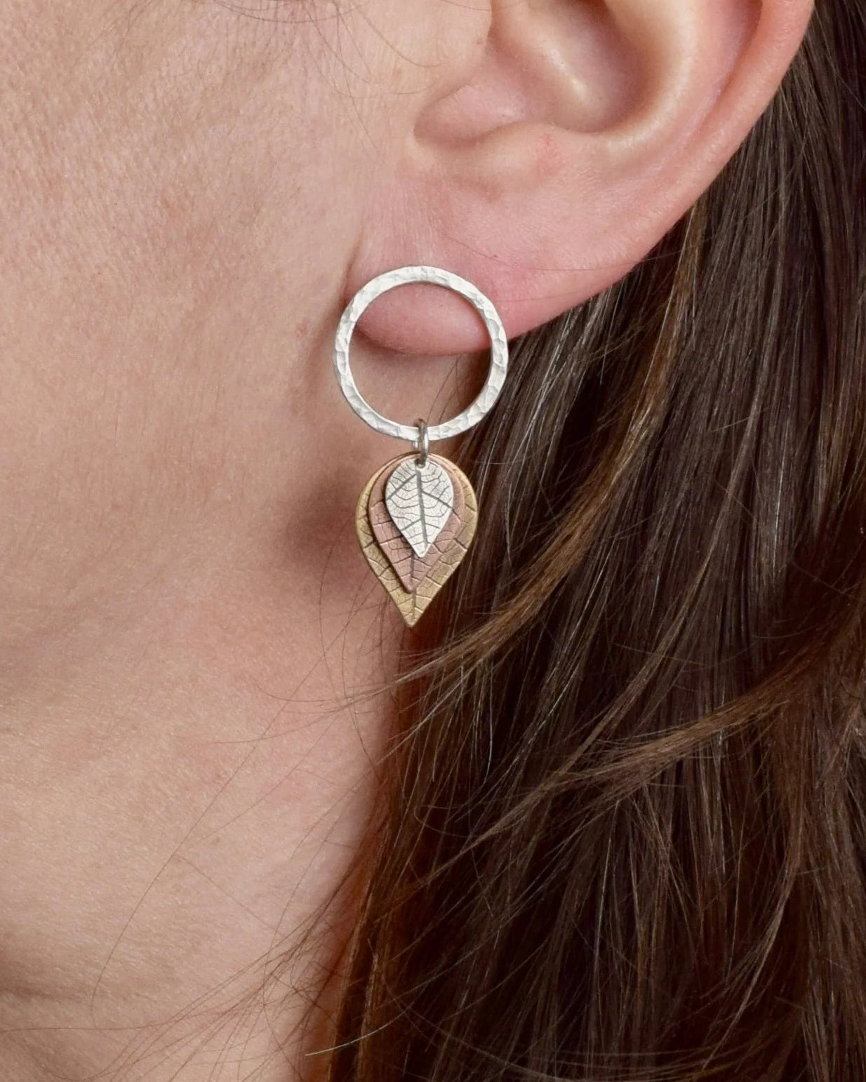 Graduated Leaf Dangle Earrings  - Sterling Silver, Brass, copper, Copper