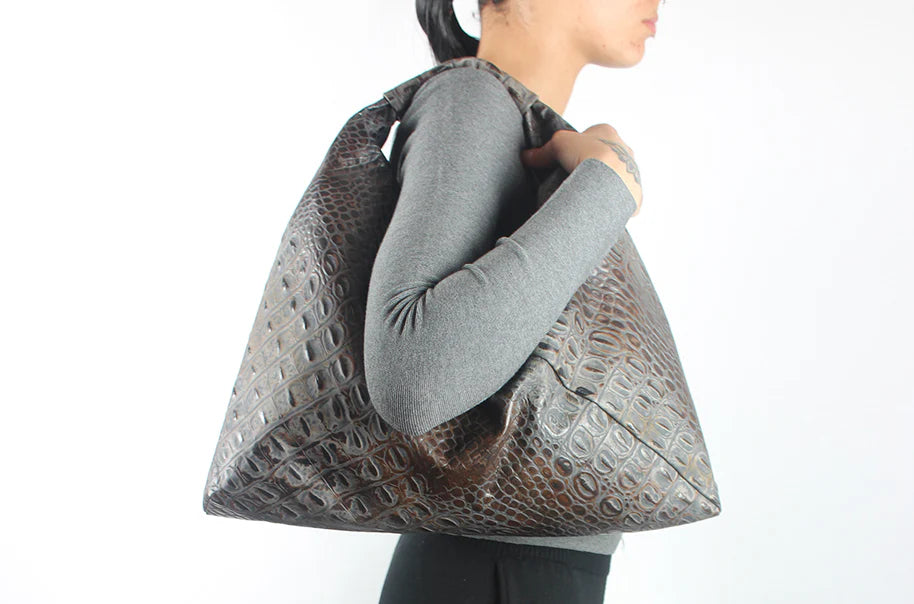 Embossed Crocodile Leather Hobo Bag