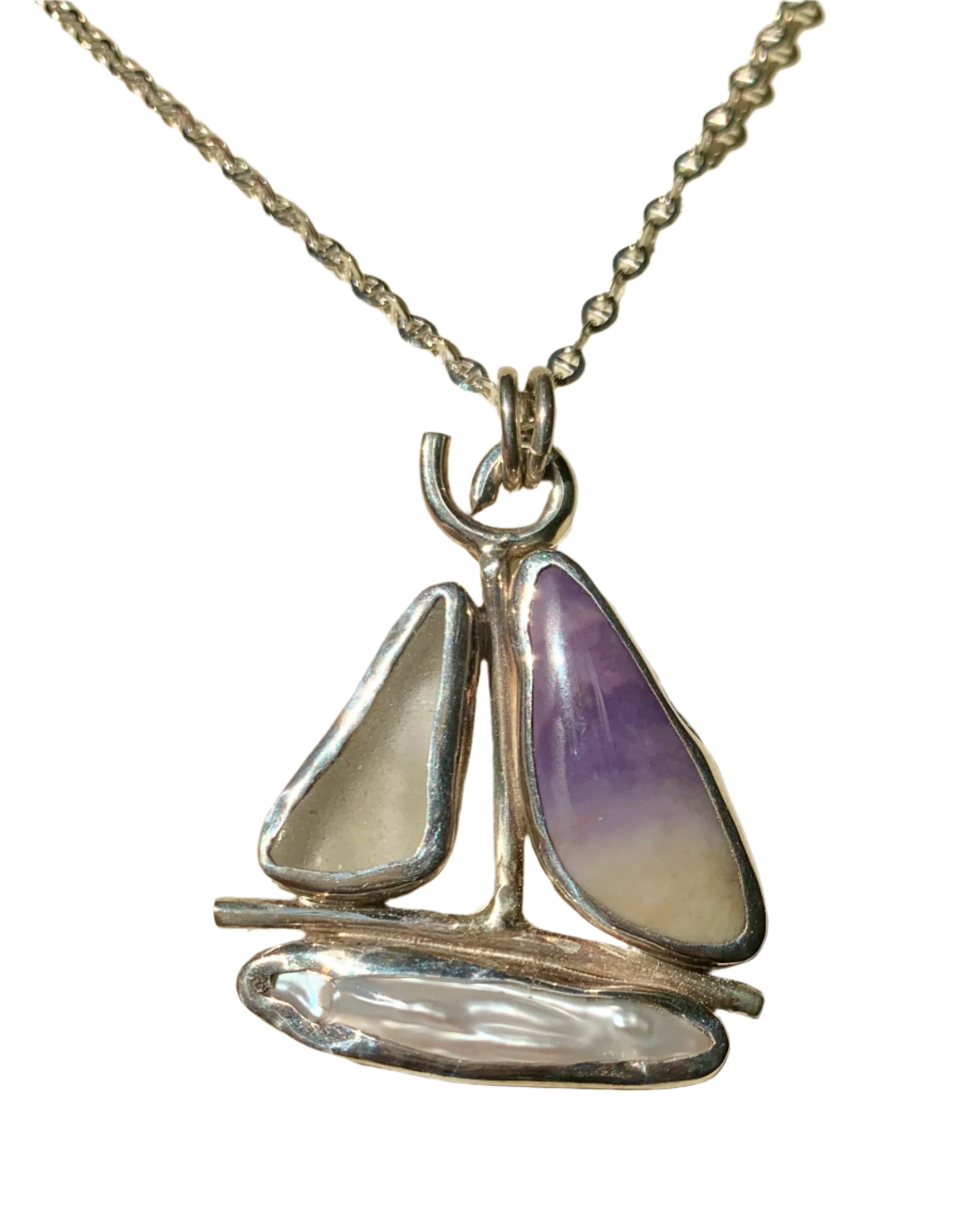 Sterling Sea Glass and Pearl Sailboat Necklace